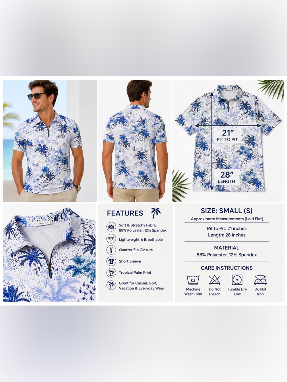 Men's Blue Palm-Print Quarter-Zip Polo Shirt